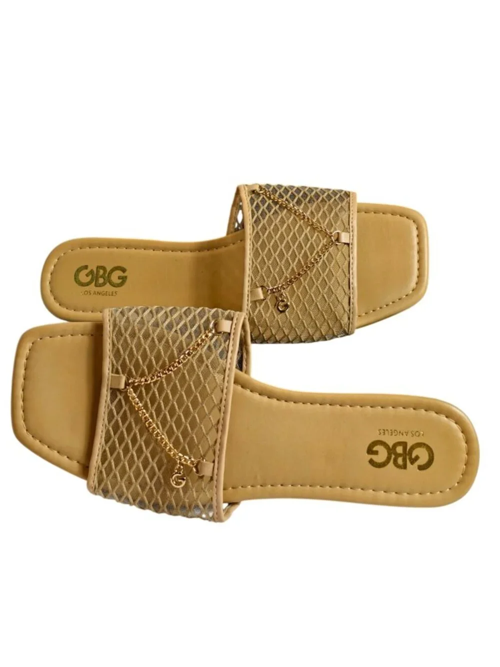 GBG Los Angeles Womens 10M Slide Sandals Tan Gold Chain 
